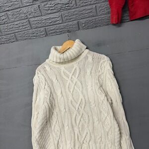 Lands End Drifter Womens Large Cream Cable Knit Turtleneck Sweater Chunky Cotton